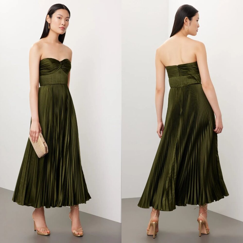 AMUR Forest Green Strapless Pleated Maxi Dress